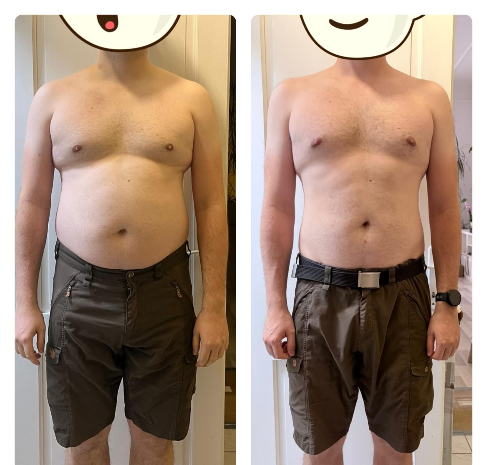 Before and after photos of a business owner who went from 90 kg to 82 kg with 15 inches lost overall
